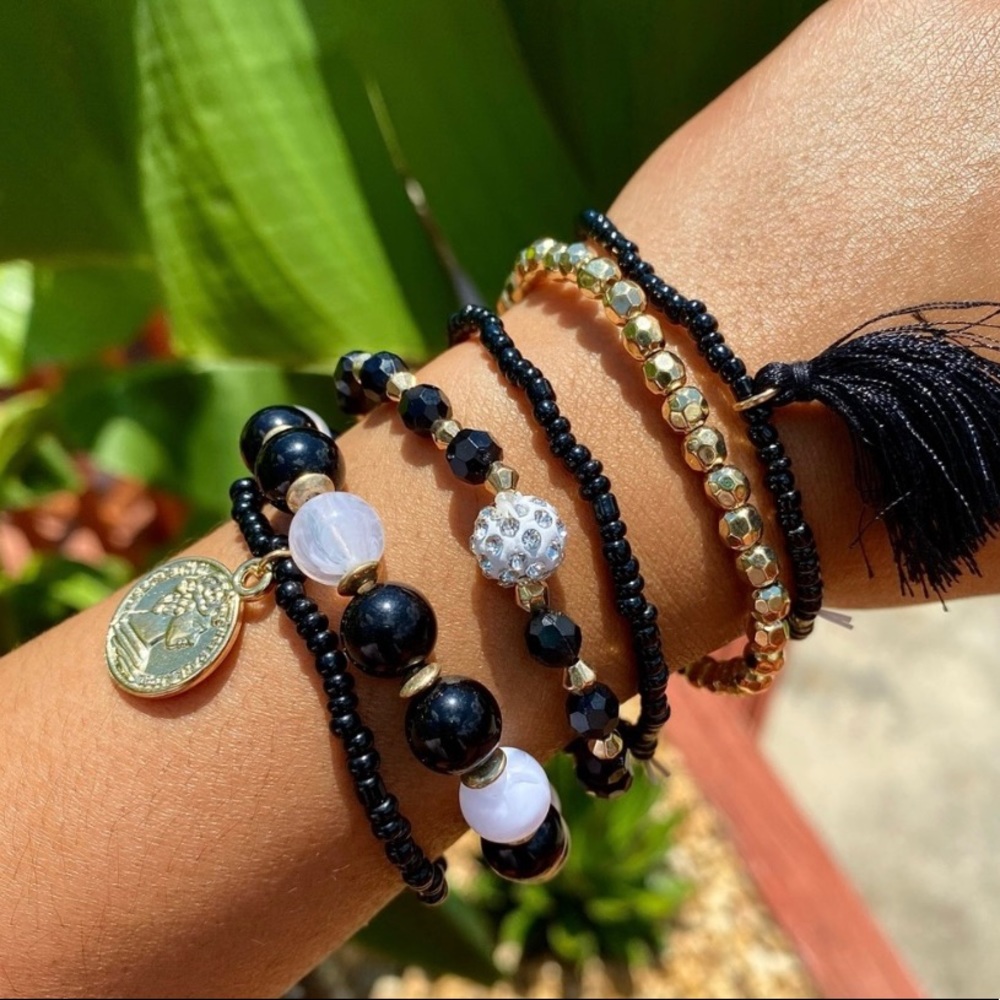 6 piece stackable bracelet,  black and gold bracelet